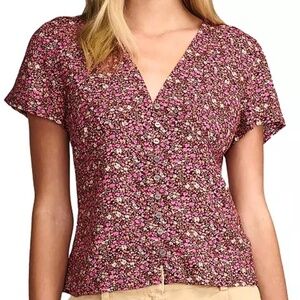 Lucky Brand Women's Floral-Print Short-Sleeve V-Neck Blouse NWT Size M